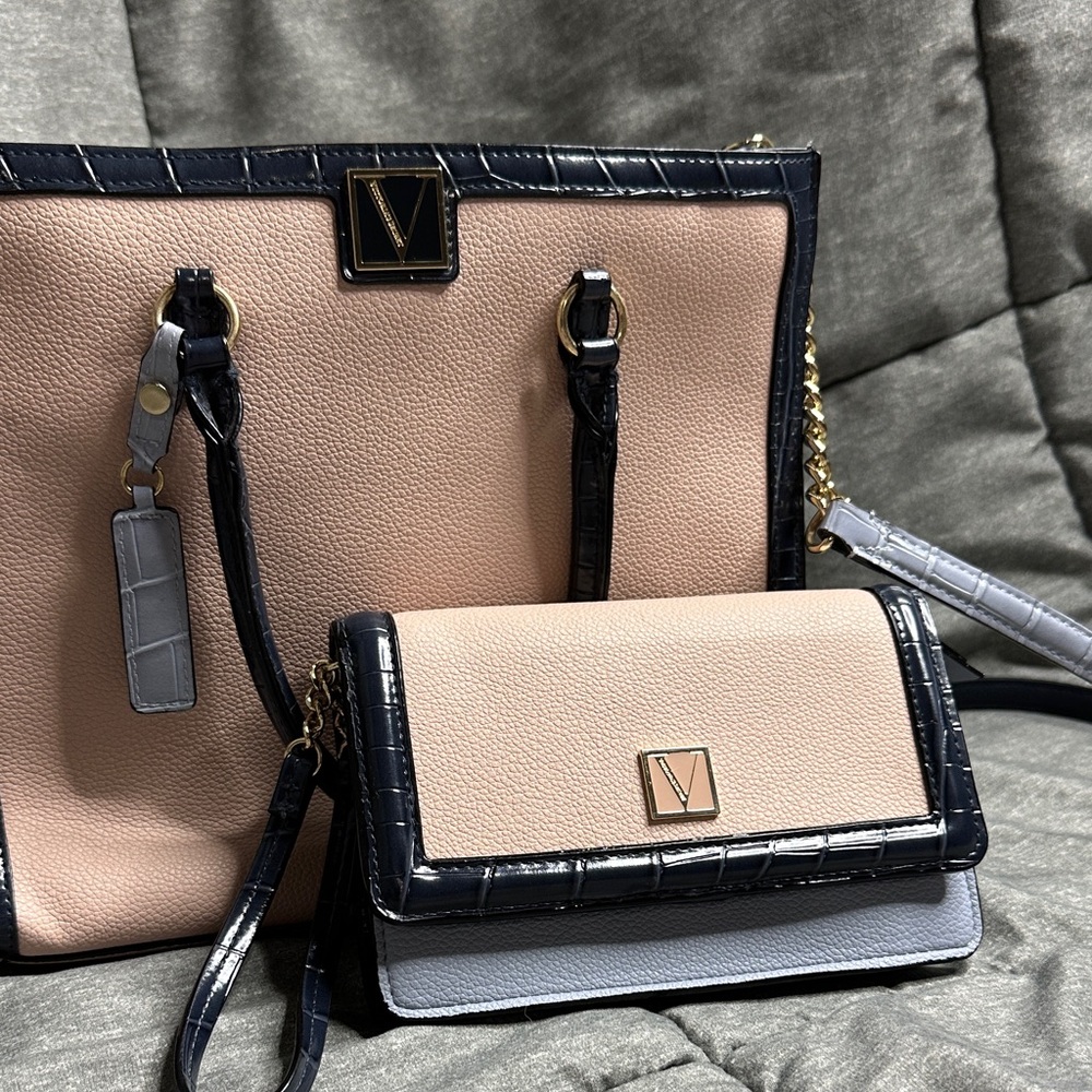 Victoria's Secret‎ Pink & Dark Blue Color Block Shoulder Bag & Wallet gold chain